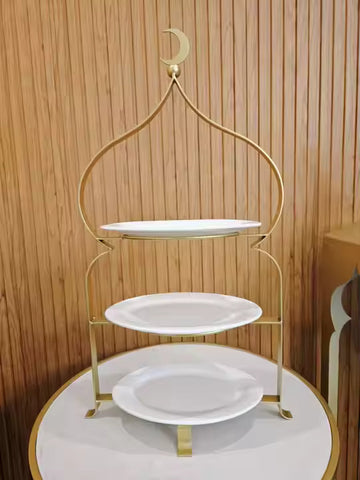 Masjid Shaped 3 Tiers  with plate Ceramic Gold Metal Cake Stand for Ramadan  by lux dishes