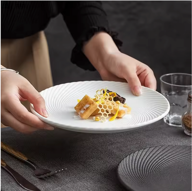 white toothed ceramic shallow plates set